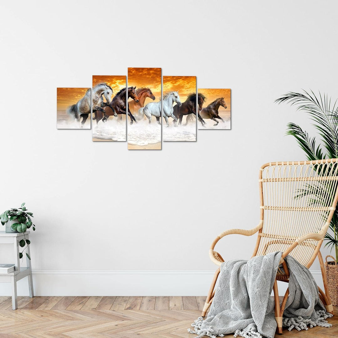 Runa Art Wandbilder Pferde 5 Teilig Bild auf Vlies Leinwand Deko Wohnzimmer Schlafzimmer Tiere Orang