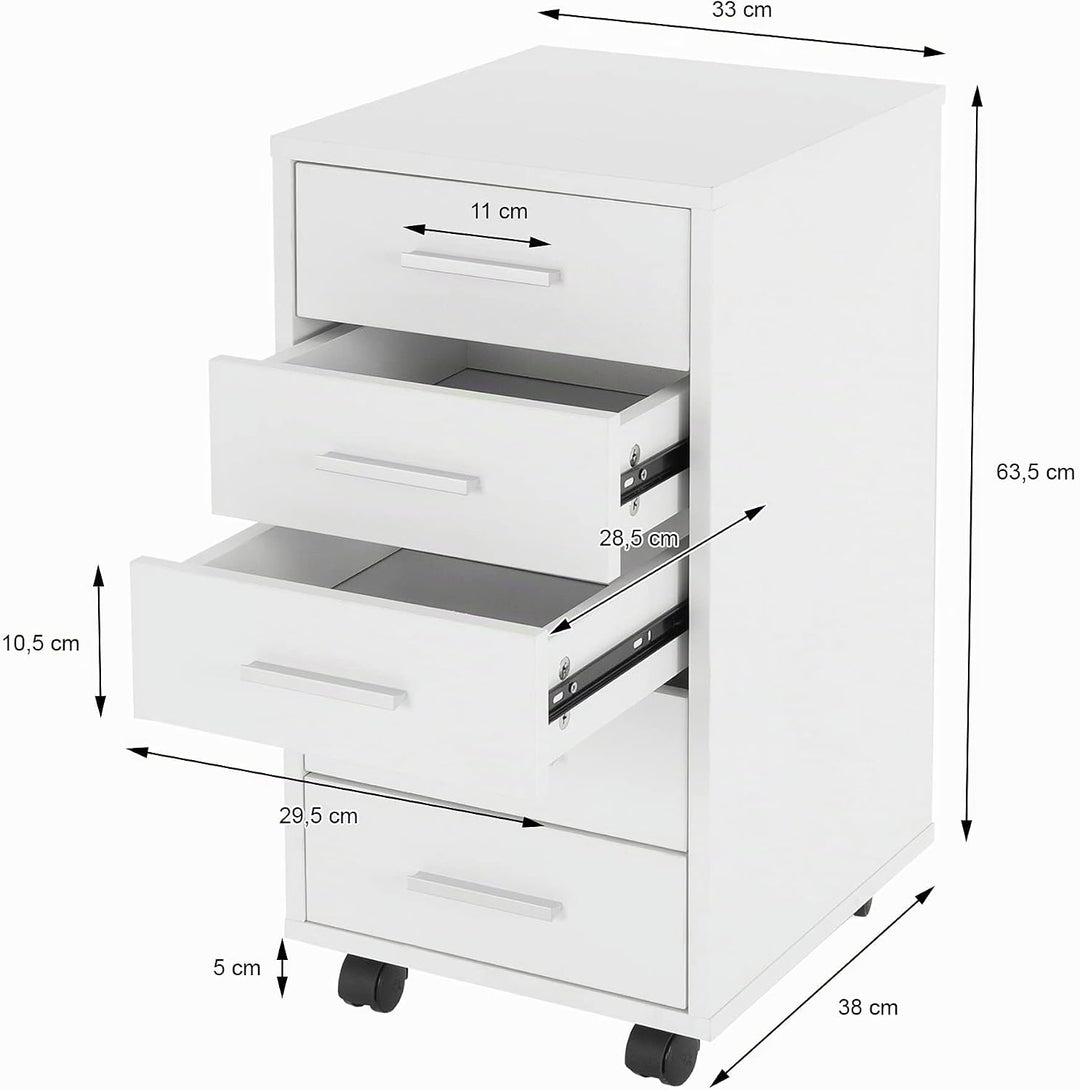 ML-Design Rollcontainer mit 5 Schubladen, 33x38x63,5 cm, Weiss, aus Holz, Aluminium-Griffe, Mobiler