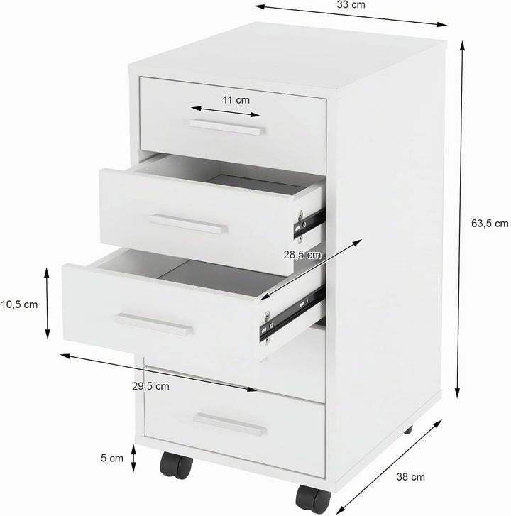 ML-Design Rollcontainer mit 5 Schubladen, 33x38x63,5 cm, Weiss, aus Holz, Aluminium-Griffe, Mobiler