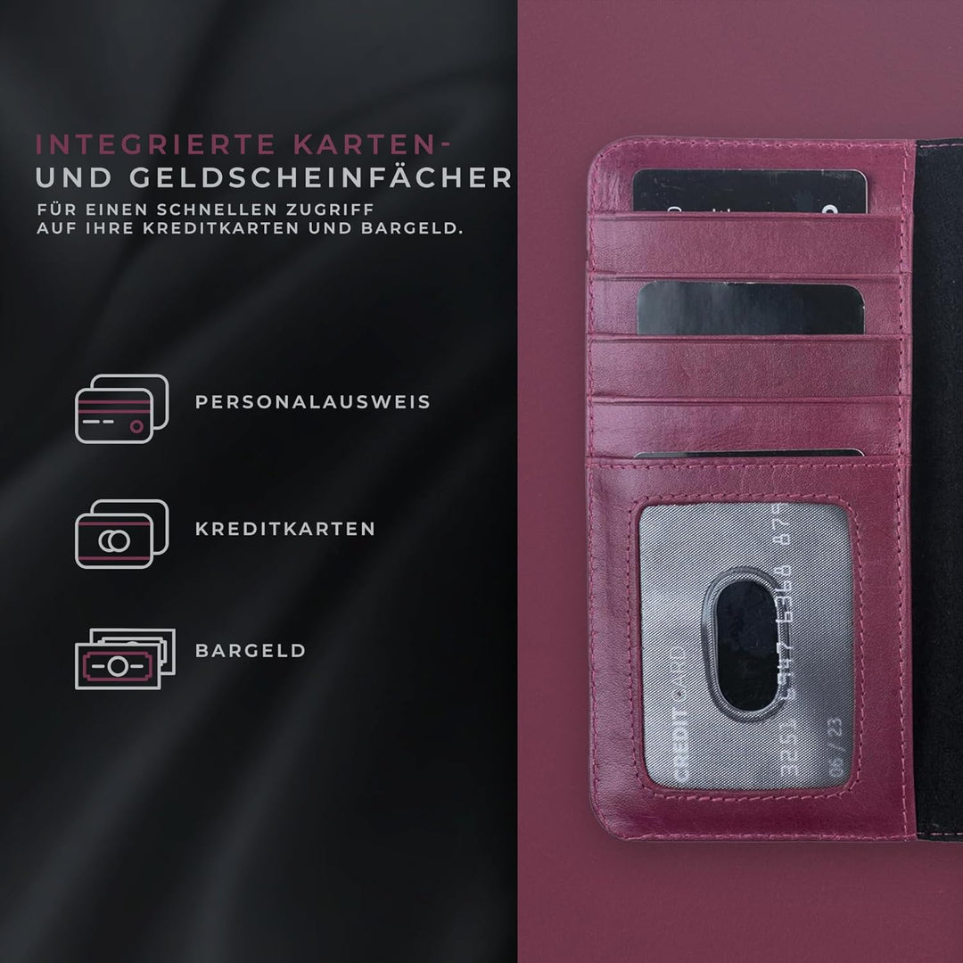 HANS/SON Hülle aus Echtleder kompatibel mit iPhone 13, Magenta, Lederhülle mit Kartenfächern, abnehm