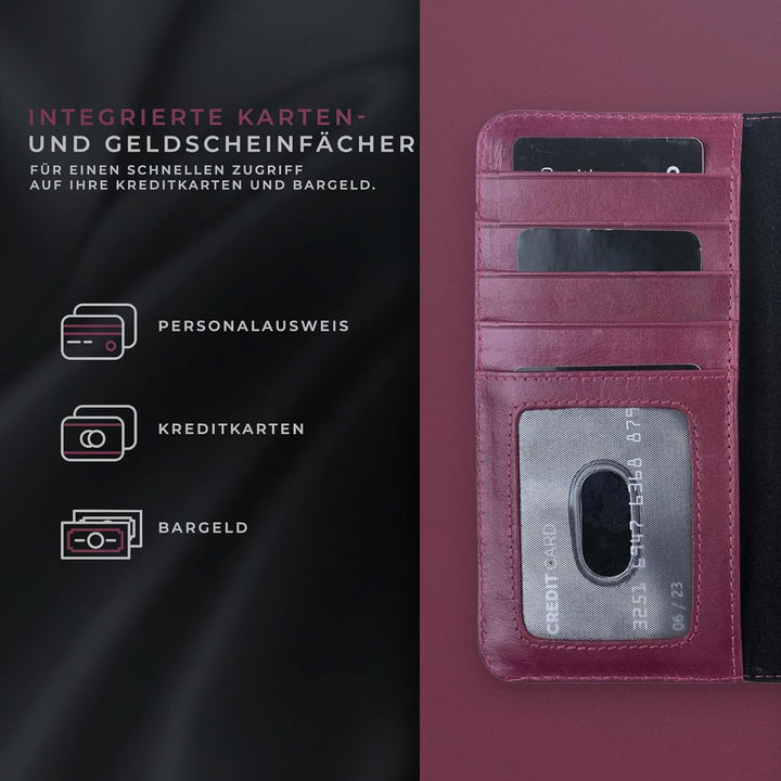 HANS/SON Hülle aus Echtleder kompatibel mit iPhone 13, Magenta, Lederhülle mit Kartenfächern, abnehm