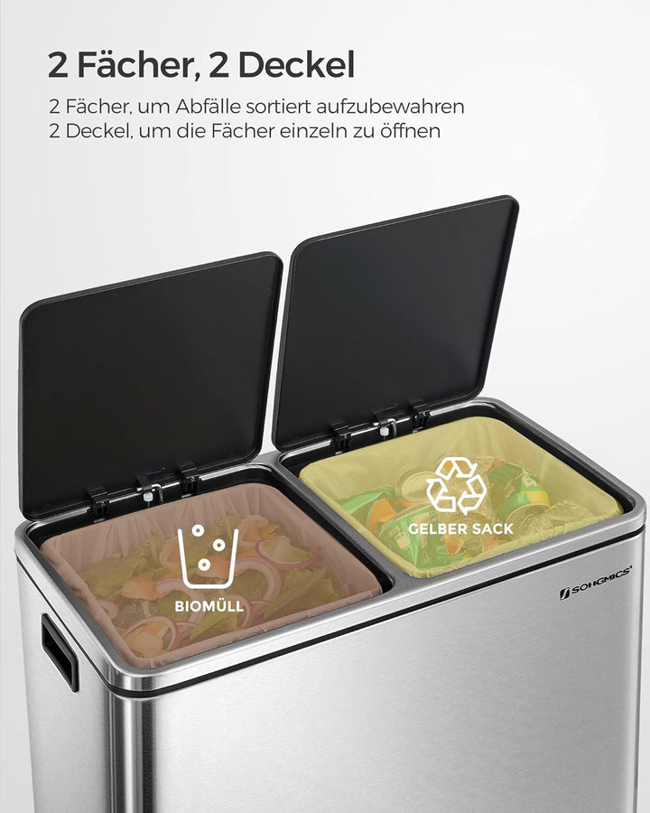 SONGMICS Mülleimer, 2 x 30 L, 2 Fächer, Mülltrennsystem, Treteimer, Abfalleimer Küche, 15 Müllsäcke,