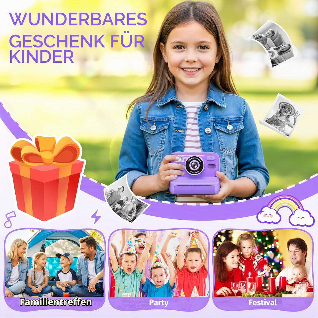 Kinderkamera Sofortbildkamera, 2,4-Zoll Selfie Kamera mit 32GB Karte | 3 Rollen Fotopapier, 1080P Ki