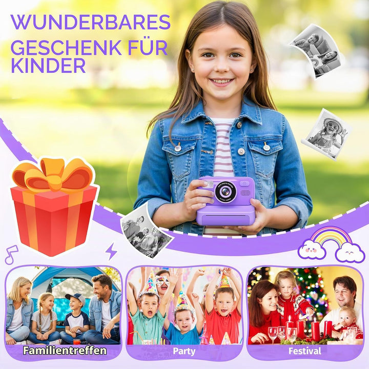 Kinderkamera Sofortbildkamera, 2,4-Zoll Selfie Kamera mit 32GB Karte | 3 Rollen Fotopapier, 1080P Ki