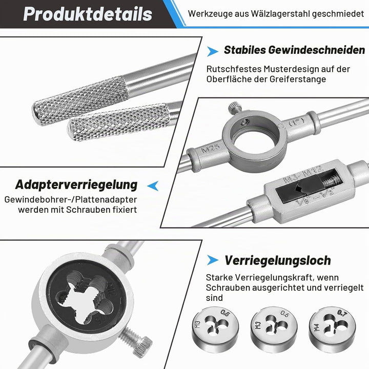 HSEAMALL Gewindeschneidsatz, 40-teilig, M3-M12 Gewindebohrer und Schneideisen 40 pcs Silver, 40 pcs