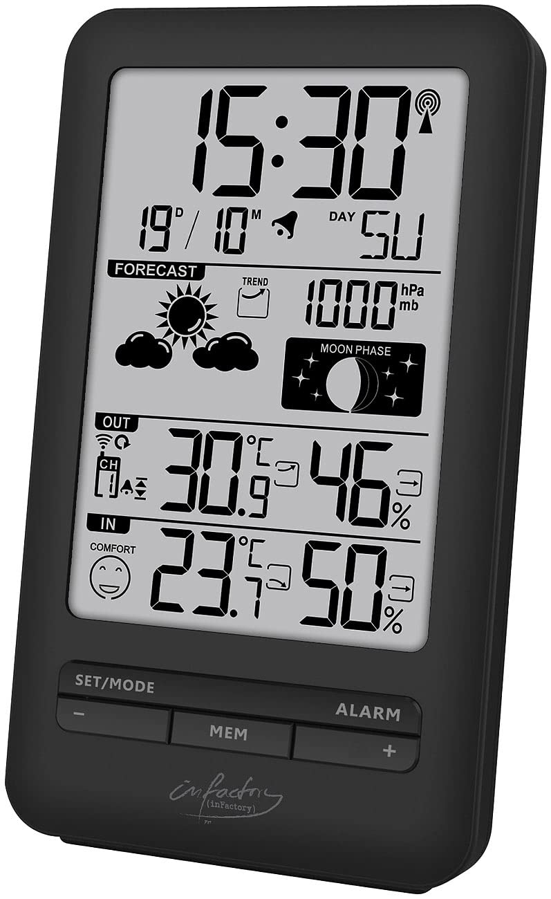 infactory Digitale Wetterstation: Funk-Wetterstation mit Aussensensor, Prognose, Luftdruck und Mondp