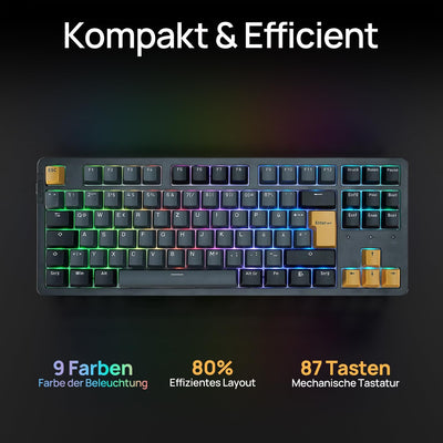 ARZOPA Gaming Tastatur, Gasket Mechanische Tastatur Kabellos/Kabelgebunden/Bluetooth - 87 Tasten RGB