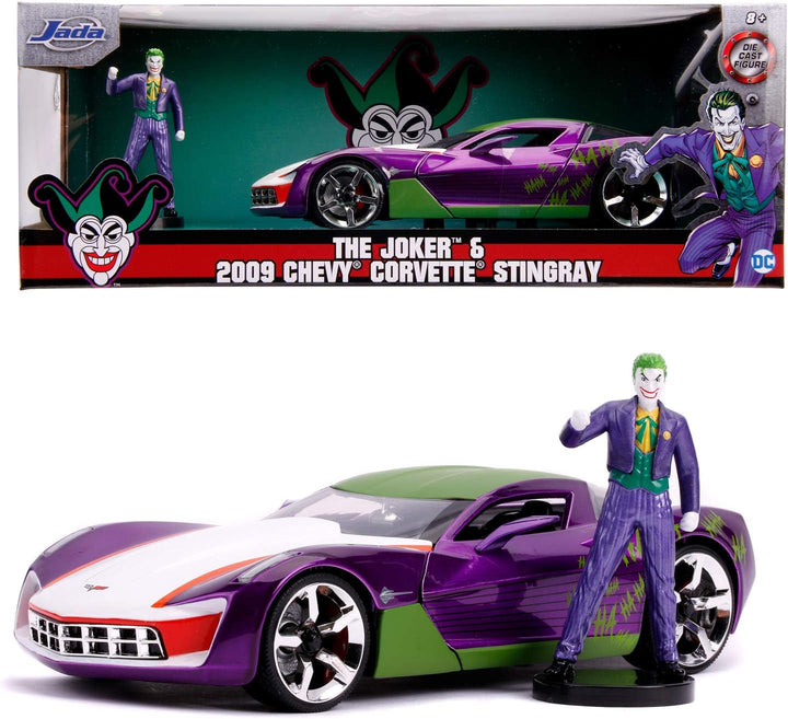 Jada Toys Chevy Corvette Stingray, 2009, Joker Figur, Batman, Massstab 1:24, Freilauf, Türen & Koffe