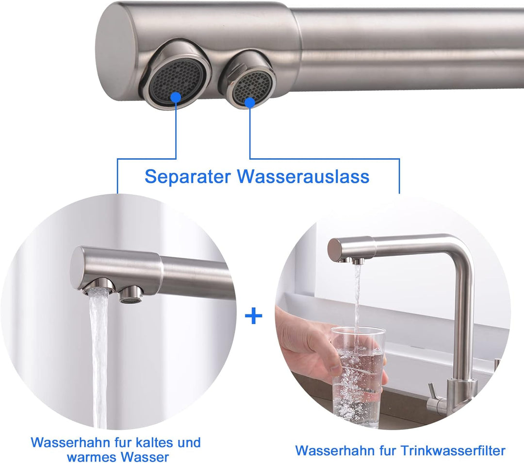 KEOKBON 3 Wege Wasserhahn Küche, Trinkwasserhahn Küchenarmatur, 360° Schwenkbar Wasserhähne, Spültis