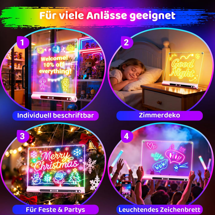 LED-Zeichentafel Wiederaufladbares 41cm, 9 Lichtmodi mit Timer, Neon-Trockenlöschtafel mit Ständer,