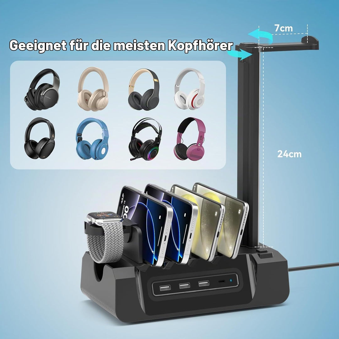 KDD Ladestation für Mehrere Geräte mit 6 Port – 6 in 1 Handy Ladestation mit Kopfhörer &amp; Uhrenhalter