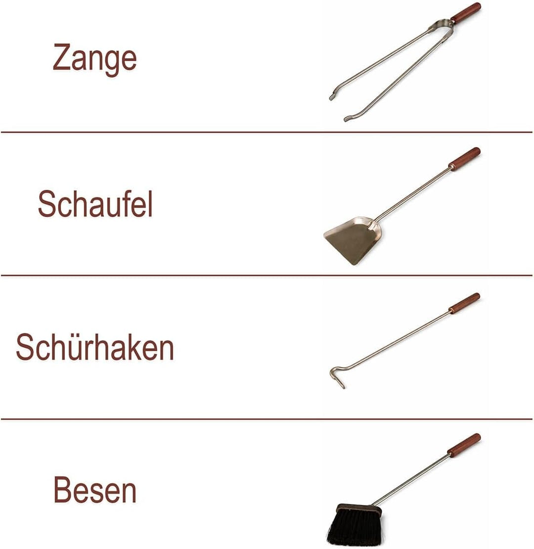 MS Beschläge Kaminbesteck Edelstahl mit Holzgriffen 5-teilig - Kamingarnitur modern - Kaminzubehör S