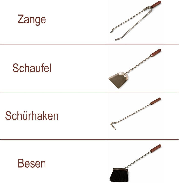 MS Beschläge Kaminbesteck Edelstahl mit Holzgriffen 5-teilig - Kamingarnitur modern - Kaminzubehör S