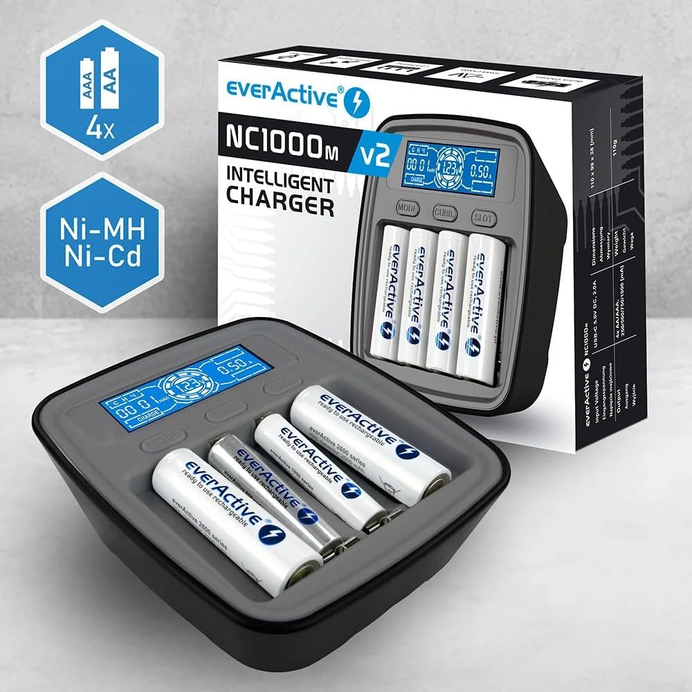everActive Ladegerät für NI-MH, NI-Cd, 1-4x R6/AA, R03/AAA, professionell und schnell, USB-C NI-MH p