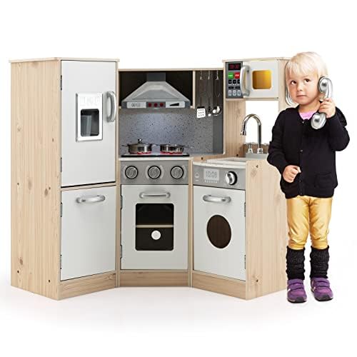 FANTASK Kinderküche mit zubehör, Spielküche Holz mit Licht & Sound, Eckküche Kinder inkl. Spüle Ofen