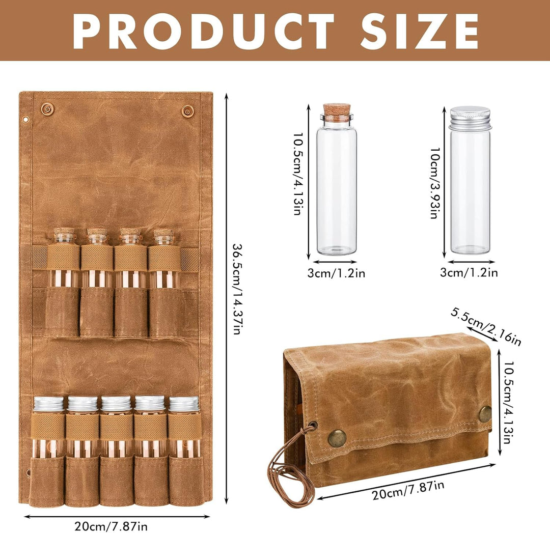 LEKEFETO Tragbare Gewürztasche aus Segeltuch mit 9 Gewürzgläsern, Camping Gewürzset für Outdoor, BBQ