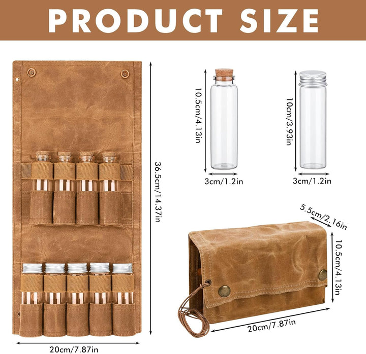 LEKEFETO Tragbare Gewürztasche aus Segeltuch mit 9 Gewürzgläsern, Camping Gewürzset für Outdoor, BBQ