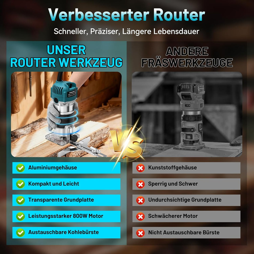 Oberfräse Kantenfräse Einhandfräse, 800W 30000 U/min Elektrischer Holzfräser Trimmer, Multifunktions