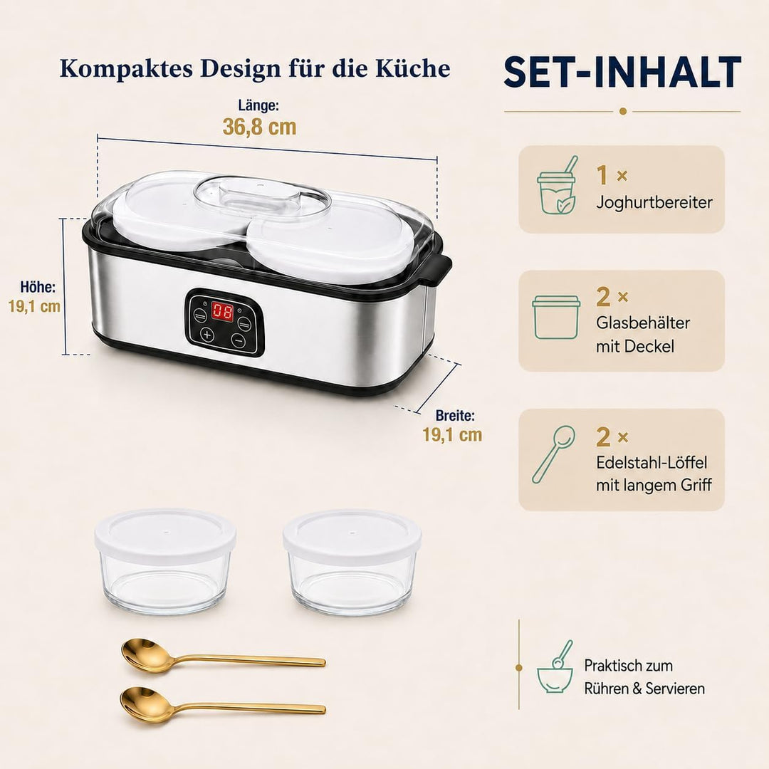 Joghurtbereiter, 2 Glasbehälter mit Deckel, Je 60 Unzen, zwei goldfarbene Löffel, Ideal für Zubereit