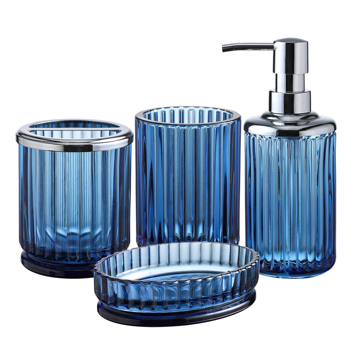 Badezimmer-Zubehör-Set aus schwerem blauem Glas mit dekorativem gepresstem Muster – inklusive Handse