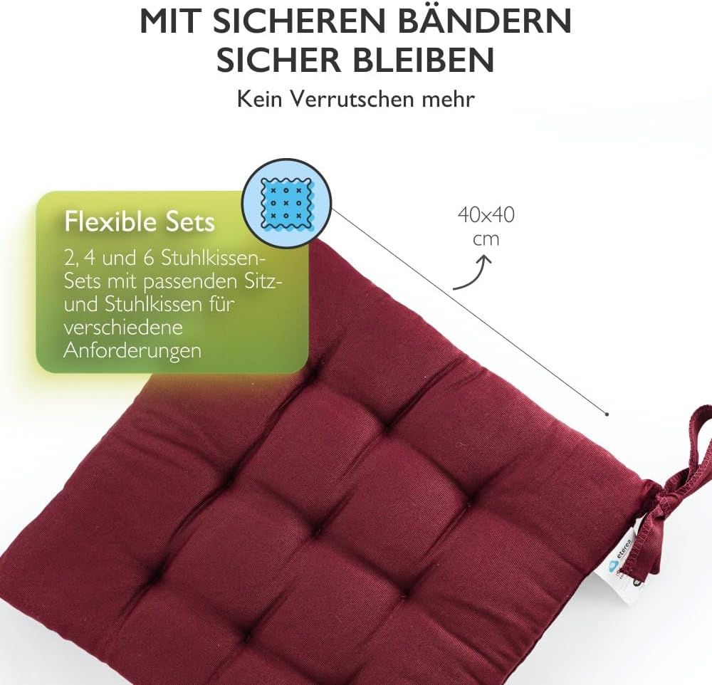 etérea 2er Set Sitzkissen Outdoor 40x40 mit Bändern - Stuhlkissen Bordeaux für Gartenstuhl & Innenbe