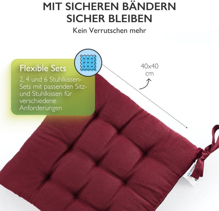 etérea 2er Set Sitzkissen Outdoor 40x40 mit Bändern - Stuhlkissen Bordeaux für Gartenstuhl & Innenbe
