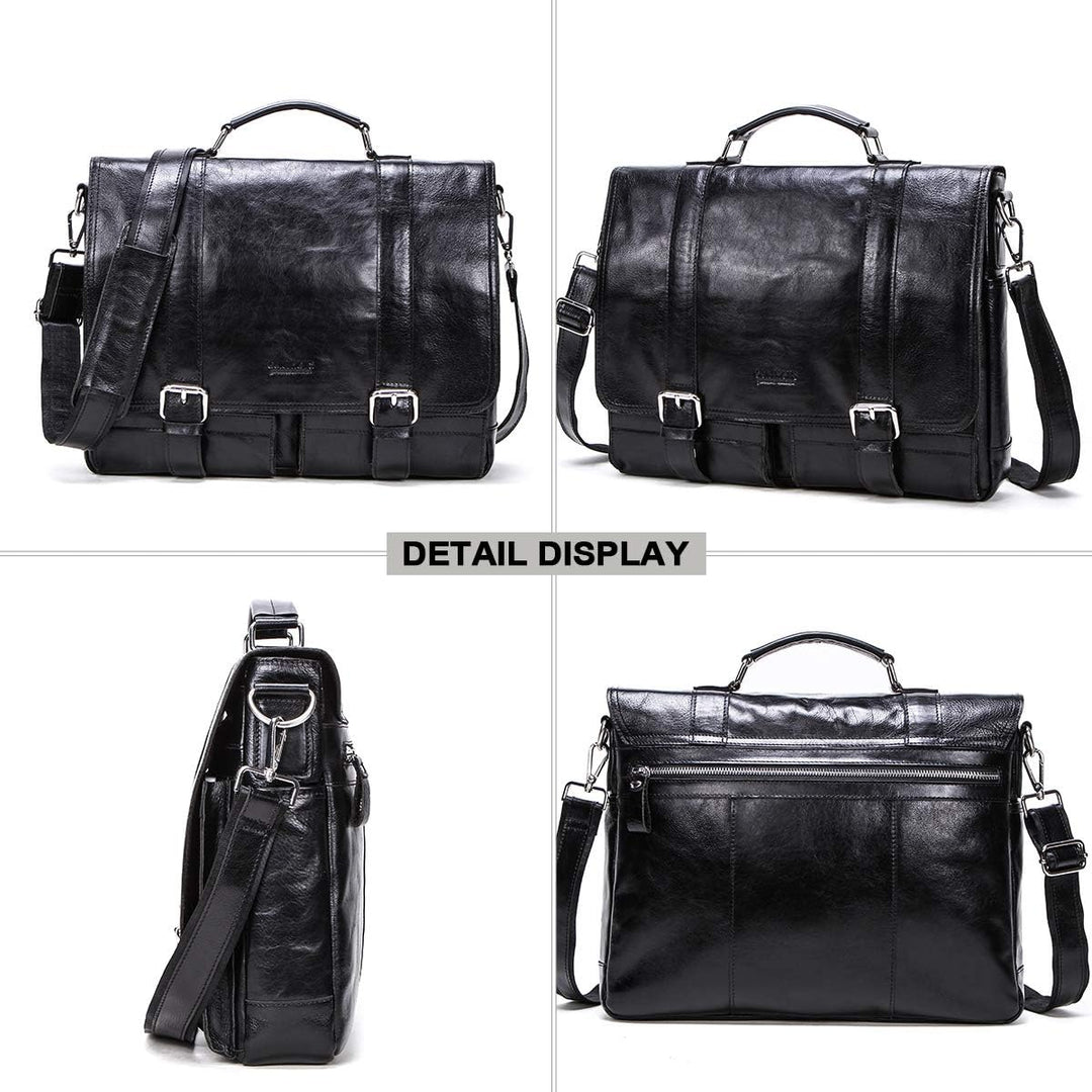 Contacts Echtes Leder 14" Herren Messenger Schultertasche Laptop Aktentasche Schwarz, Schwarz
