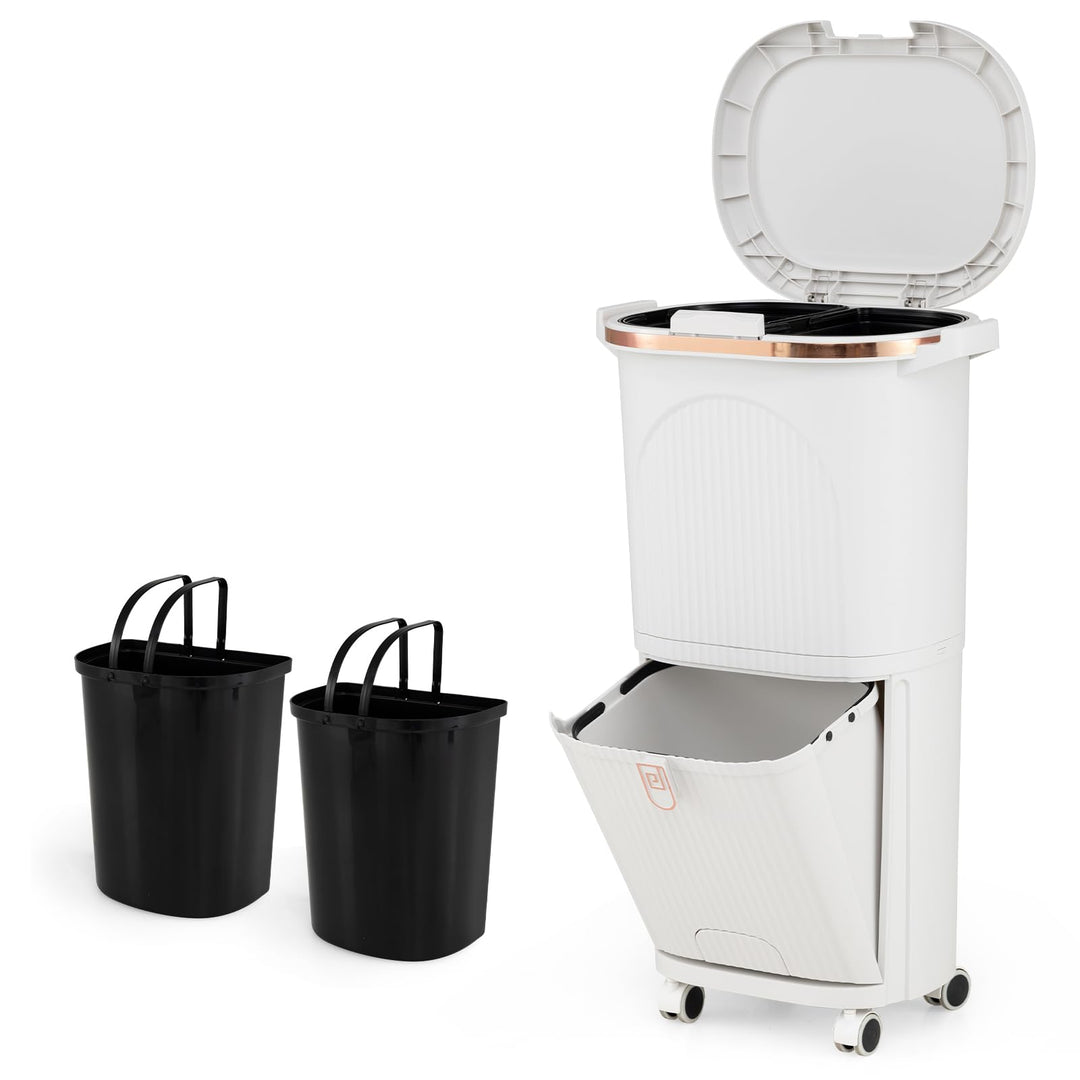 GIANTEX Mülleimer Küche 3 Fächer, 38 L, Abfalleimer mit Rollen, Tretmülleimer mit Deckel & Fusspedal