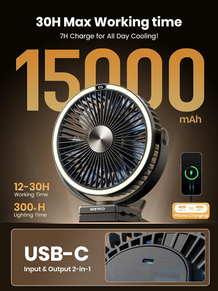 Warmco Tragbarer Ventilator mit LED-Laterne und Haken, 15000 mAh, batteriebetrieben, Camping-Tischve