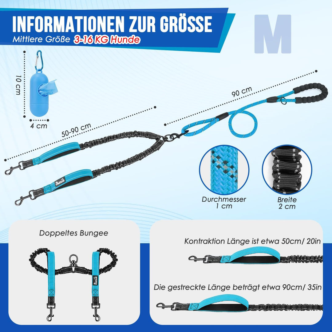 Eyein Doppelleine für 2 Hunde, Hundeleine für kleine und mittelgrosse Hunde, Flexible und reflektier