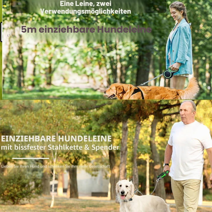 Einziehbare Hundeleine Strapazierfähig mit Anti-Biss-Stahlkette, Hundeleine 5 m mit Kette Leinen Nyl
