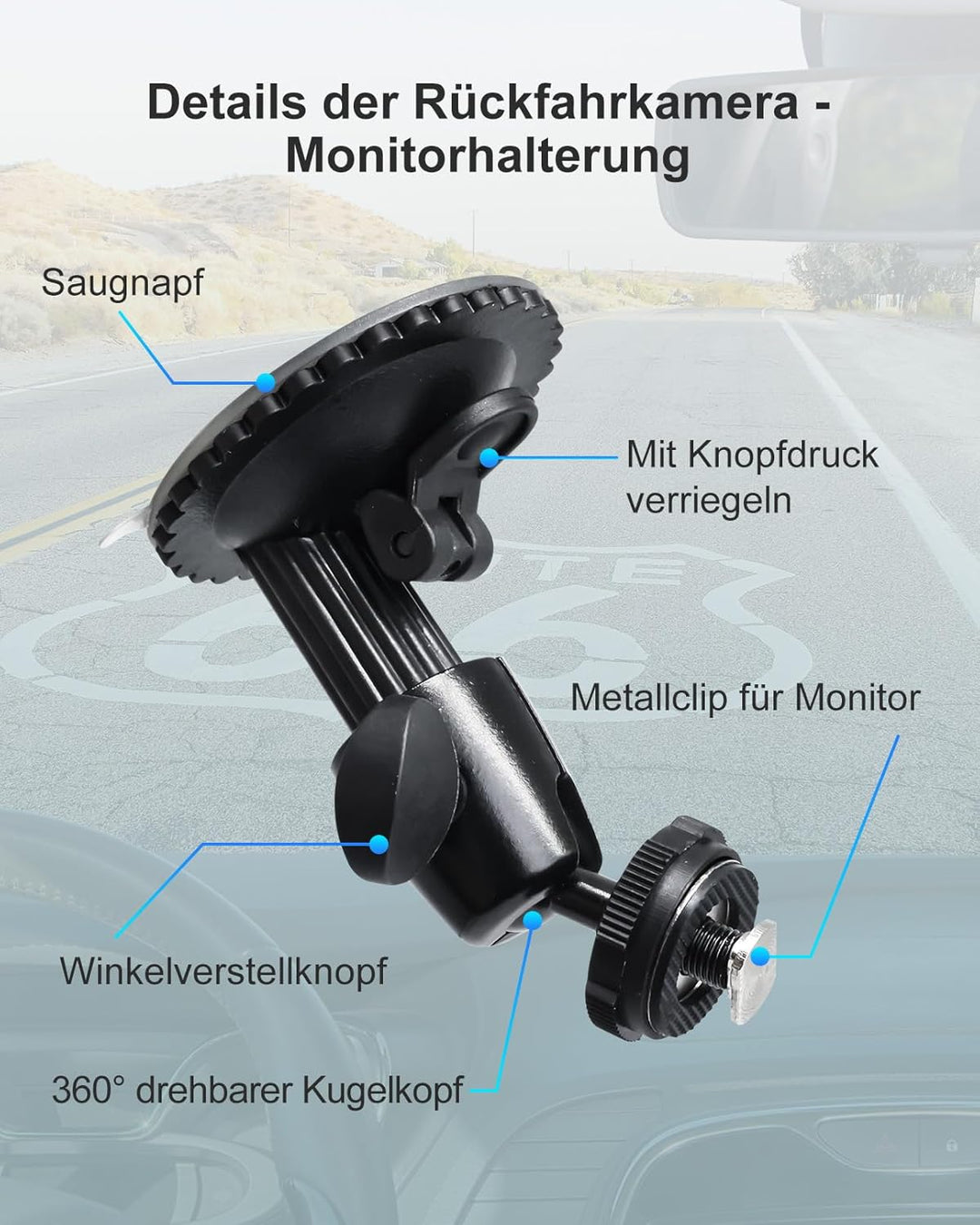 Windschutzscheiben-Halterung für Rückfahrkamera – 5 kg Tragkraft, 360° Verstellbarer Kugelkopf, Meta