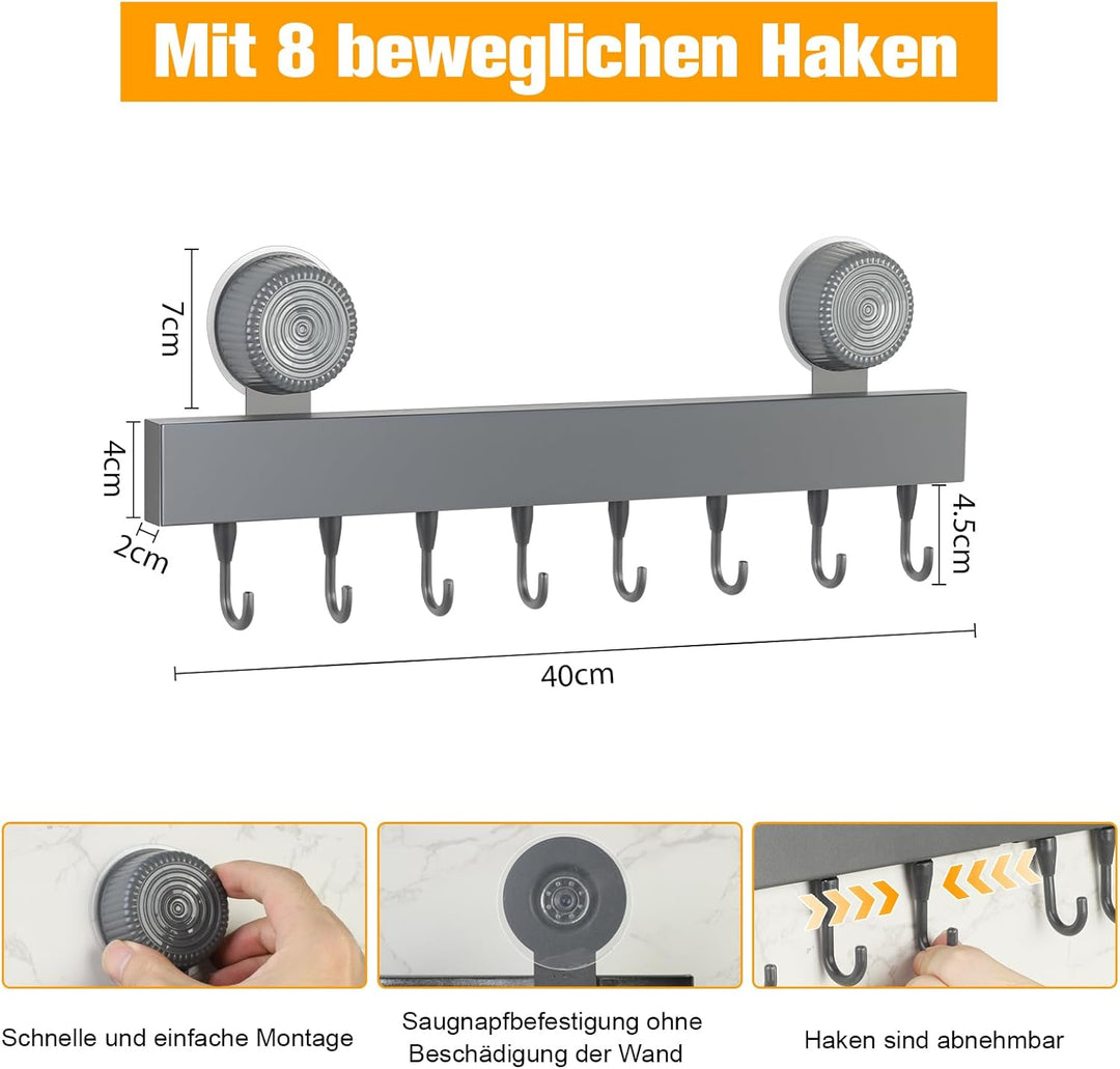 Hakenleiste Küche Ohne Bohren mit 8 Haken, Küchenhaken mit Saugnapf, Küchenhalterung aus Kohlenstoff