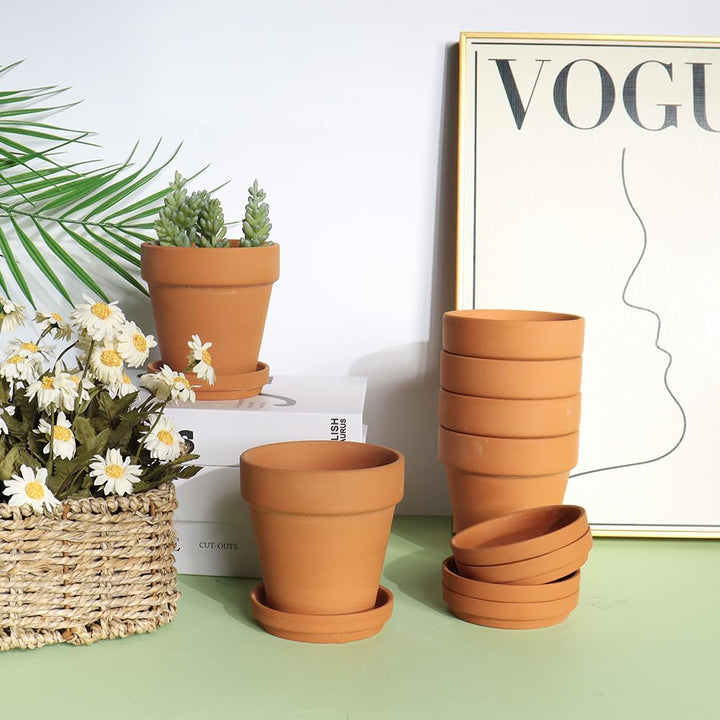 vensovo 10cm Terrakotta-Töpfe mit Untertasse - 6er-Pack Tonblumentöpfe mit Drainage, ideal für Pflan