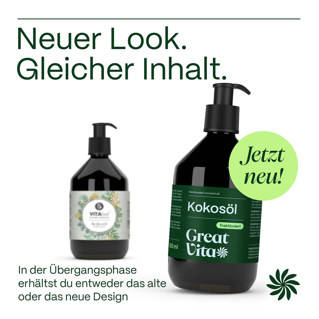 VitaFeel Kokosöl fraktioniert, 2er Pack (2 x 500 ml) in Glasflasche inkl. Pumper