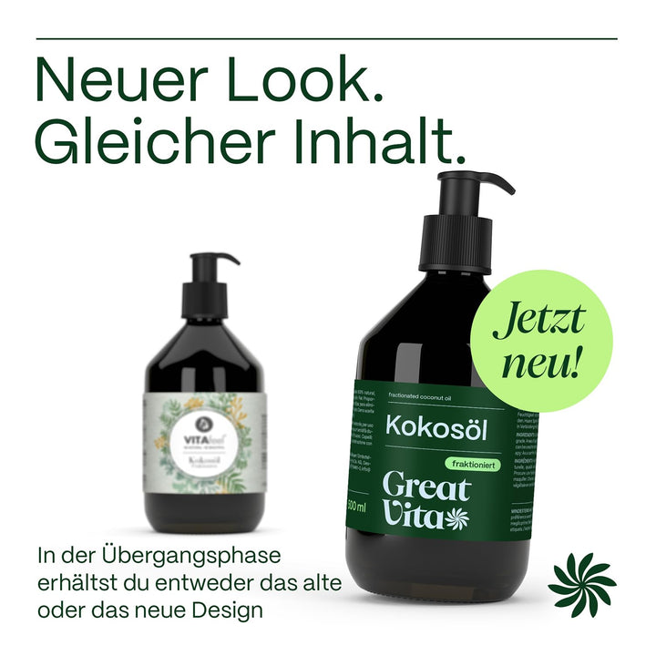 VitaFeel Kokosöl fraktioniert, 2er Pack (2 x 500 ml) in Glasflasche inkl. Pumper