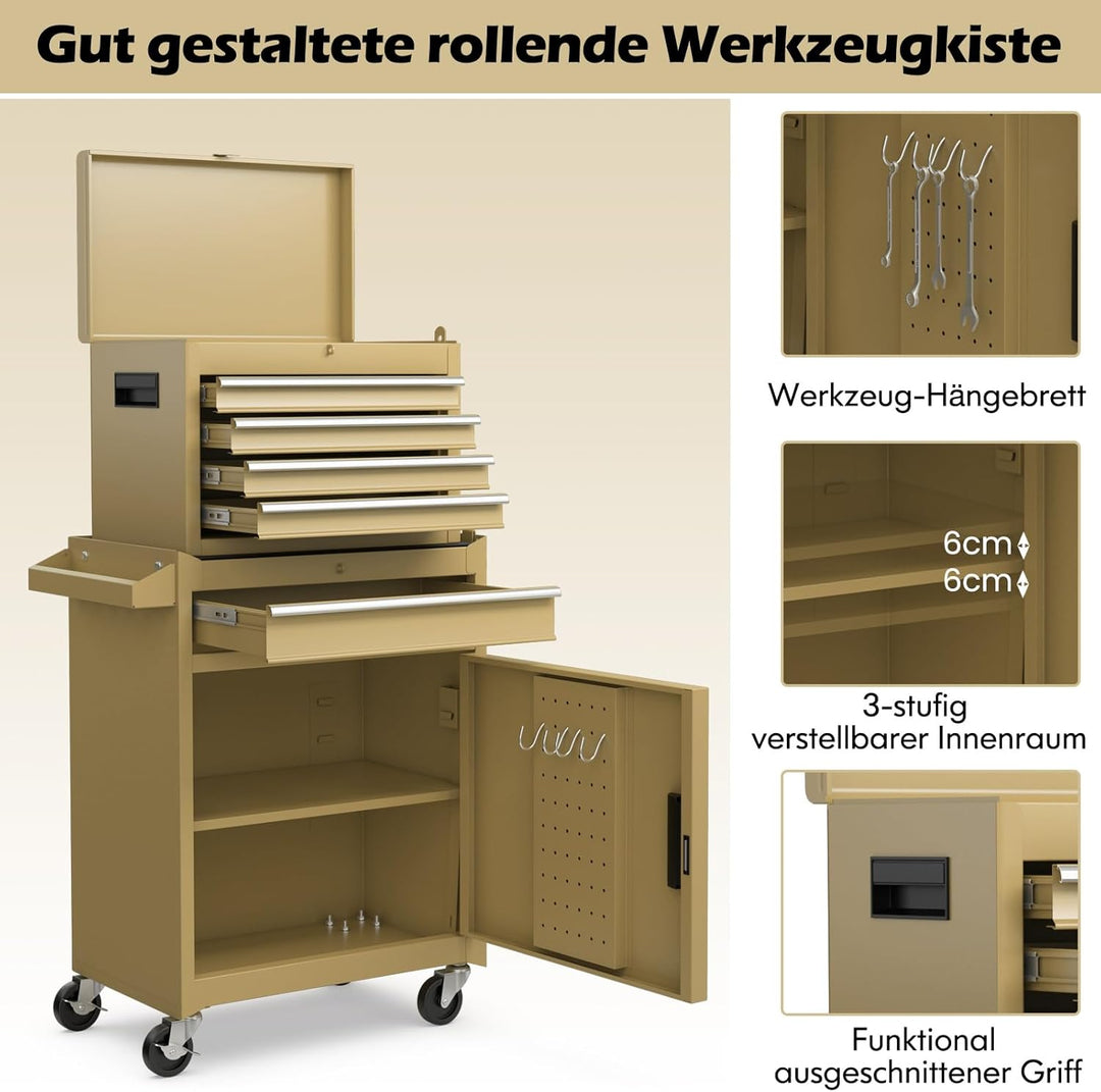 GYMAX Werkstattwagen mit 5 Schubladen, 2 in 1 Werkzeugschrank mit Haken, verstellbarem Regal & Unive
