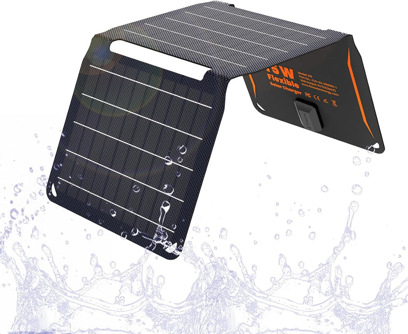 FlexSolar 15 W tragbares Solarpanel-Ladegerät (5.5 V/2.9 A max), wasserdicht, faltbar, IP67, mit USB