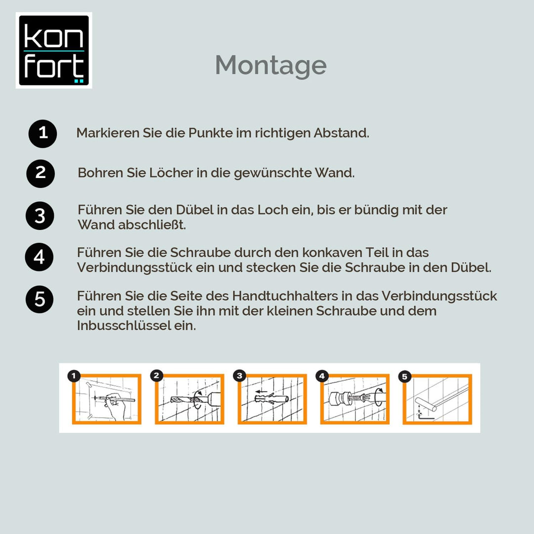 Kon-fort Home Handtuchhalter Schwarz 30cm zum Bohren Bad, Edelstahl Gebürstet Wandmontage, Handtuchs