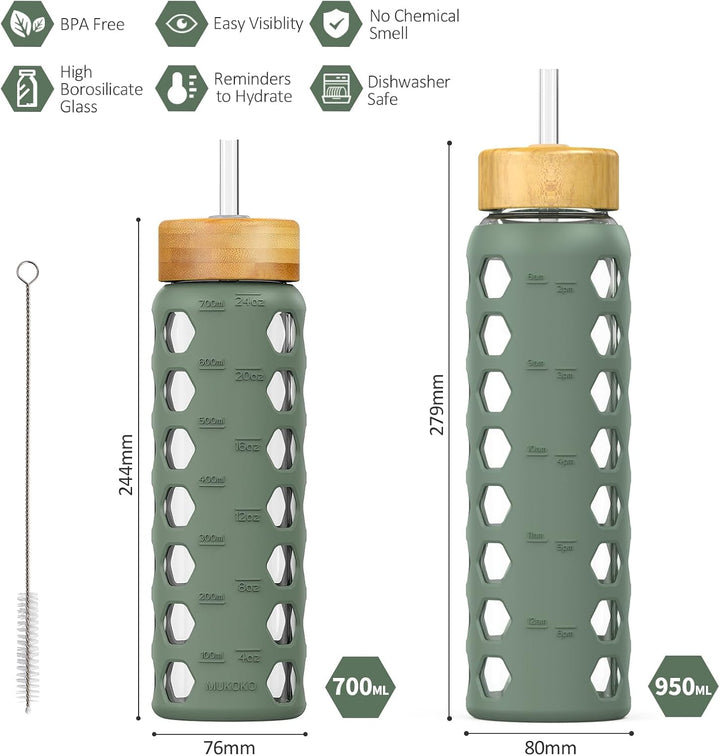 HYDRAGLAZIC 700ML Glaswasserflasche mit 2 Deckel Flip und Bambusstroh Deckel Sport Wasserbecher mit