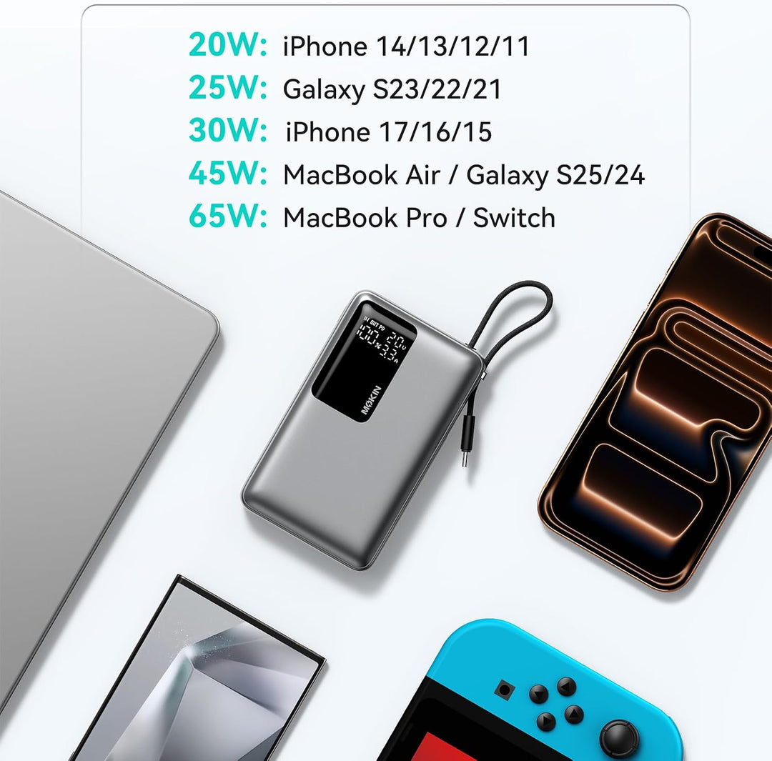 Power Bank, 65W 20000mAh Powerbank Schnellladefunktion USB C PD3.0 & QC4.0 Tragbarer Externer HandyA