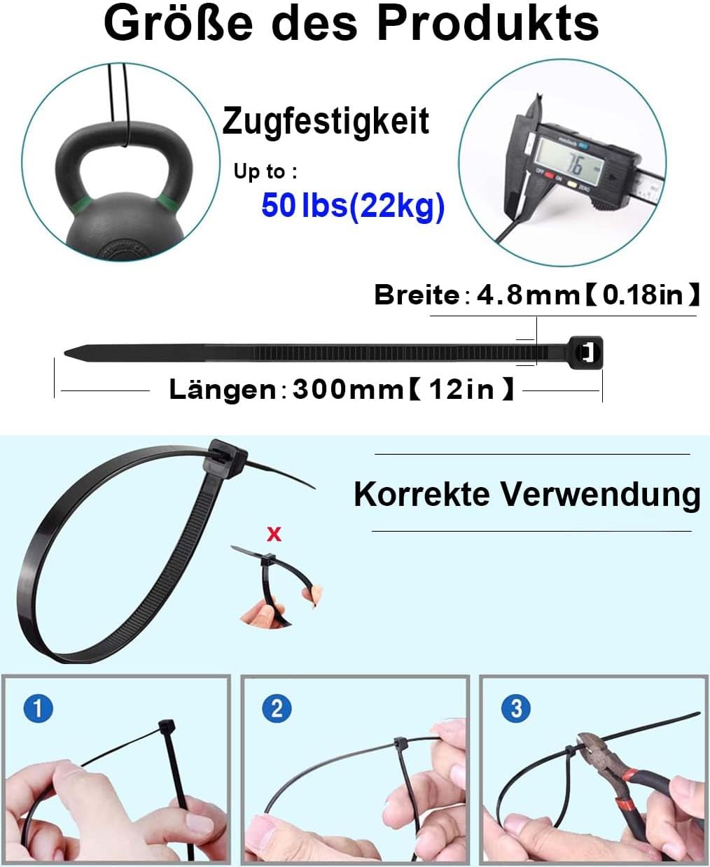 500 Stück Kabelbinder Schwarz 12in, 300mm x 4,8mm Nylonbinder, Cable Ties Zugfestigkeit mit 22 kg, U