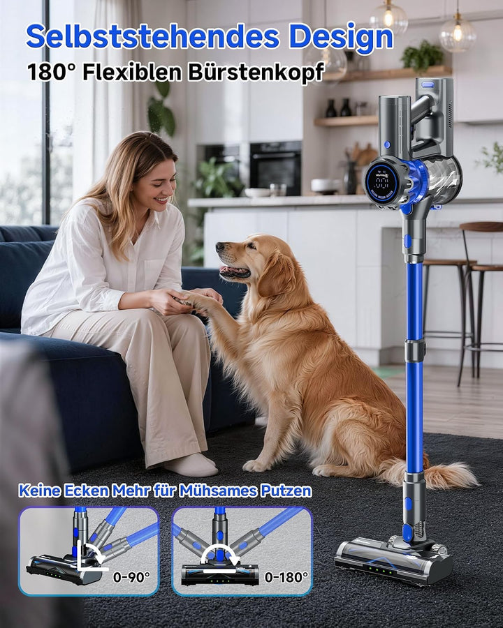 Akku Staubsauger mit Display, Staubsauger Kabellos mit Anti-Tangle-Bürste | Selbststehend, Ultraleis