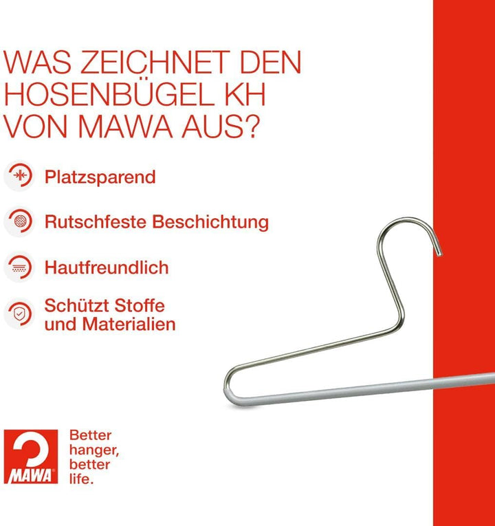MAWA Hosenbügel, Set mit 10 platzsparenden Kleiderbügel, ideal für Jeans, Stoffhosen und Anzughosen,