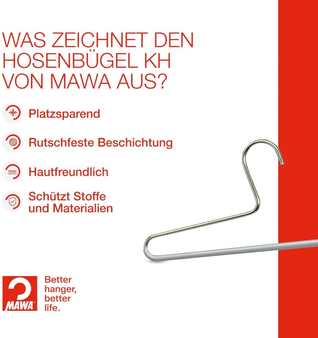 MAWA Hosenbügel Links, Set mit 10 platzsparenden Kleiderbügel, ideal für Jeans, Stoffhosen und Anzug