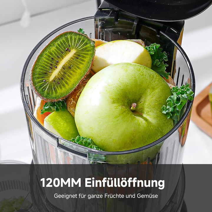 AMZCHEF Entsafter - Slow Juicer mit 113MM Breite und Grössere Fütterungsröhre für Ganze Gemüse und O