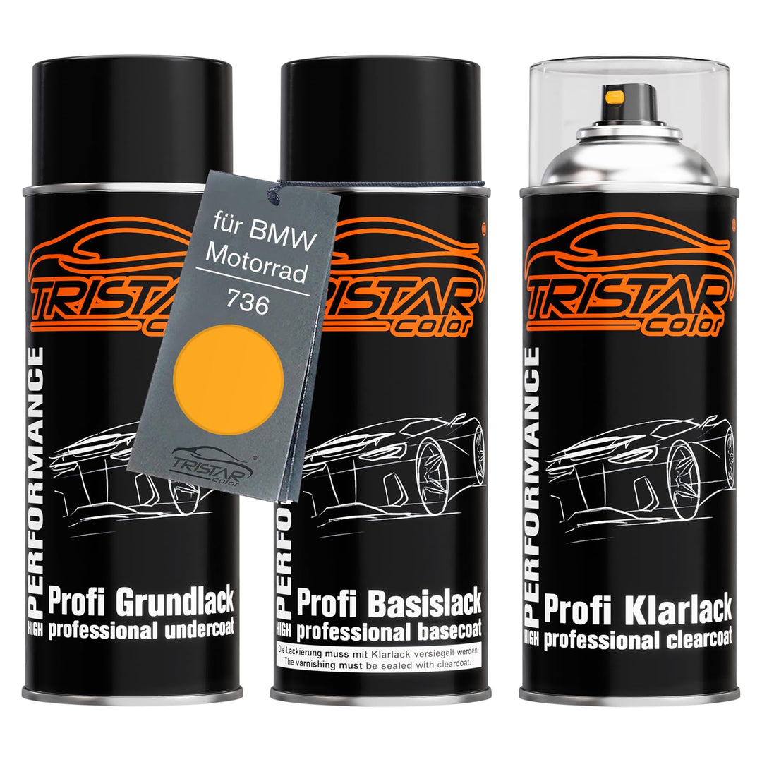 Motorradlack Spraydosen Set für BMW Motorrad 736 Mandarin Grundlack Basislack Klarlack Sprühdose 400