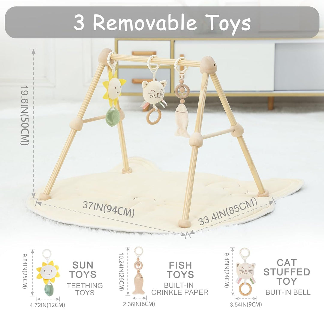 4 IN 1 Katze Spielbogen Baby, Spielmatte Babies mit Natur Holz Activity Spielbogen, 3 abnehmbaren Sp