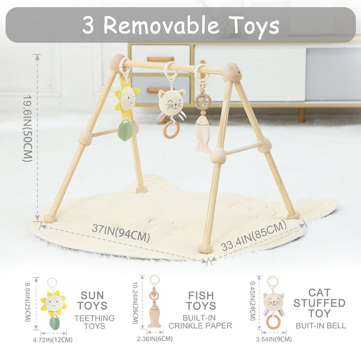 4 IN 1 Katze Spielbogen Baby, Spielmatte Babies mit Natur Holz Activity Spielbogen, 3 abnehmbaren Sp