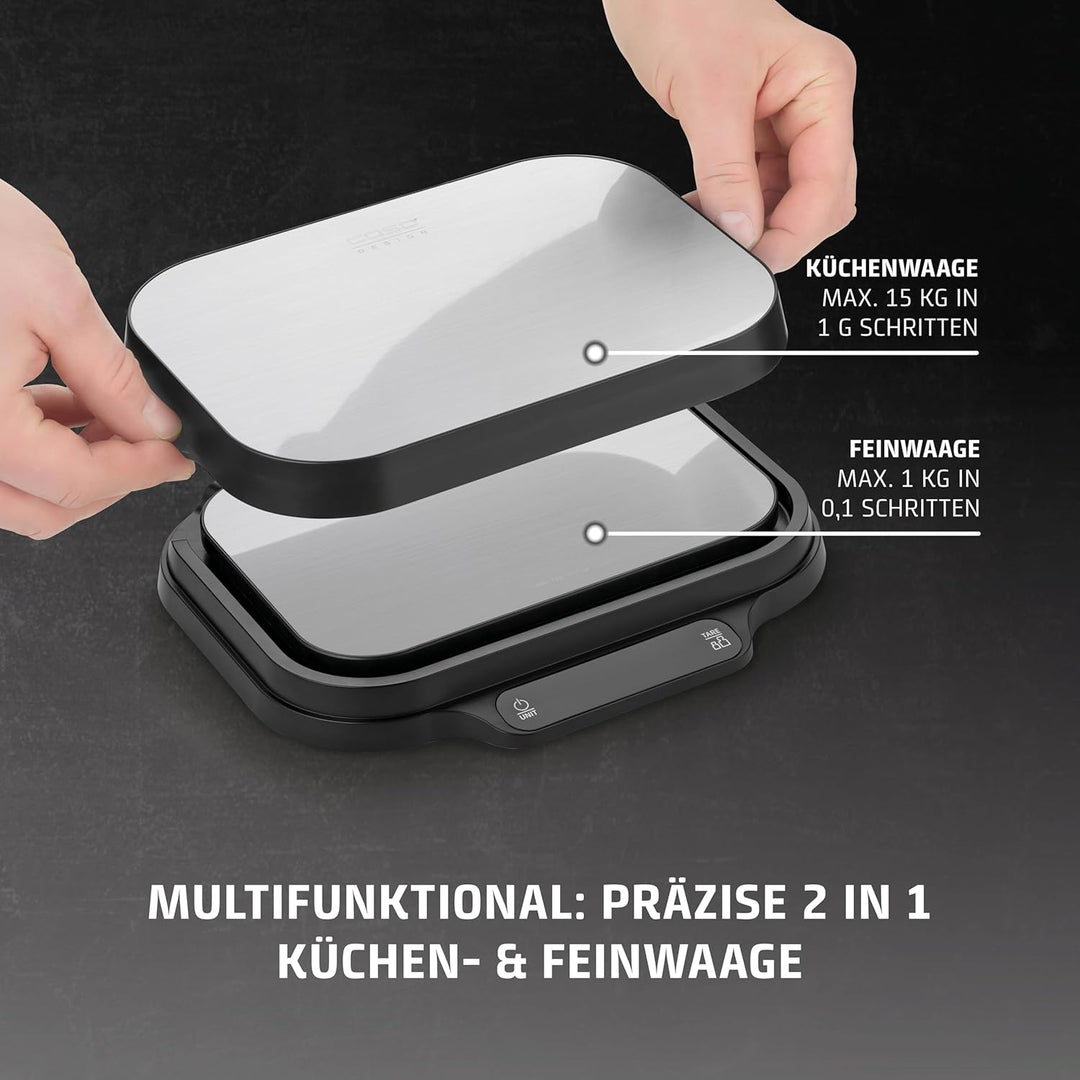 CASO KitchenDuo - 2 in 1 Küchenwaage inkl. Feinwaage, normale Wiegeskala 15kg in 1 g Schritten, Fein